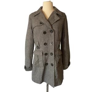 Max Rave Gray Herringbone Peacoat Mid length Notch Neck Fully Lined Sz Large